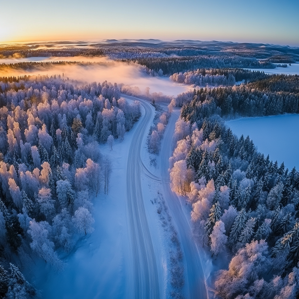 Finland from above in snowy landscape