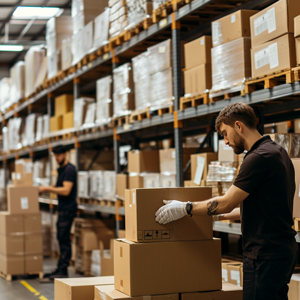 Lagerinteriör med personal som hanterar paket och varor inom e-handel.