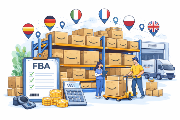 Illustration av Amazon FBA-lager med EU-lagerländer och momsregistrering för e-handlare