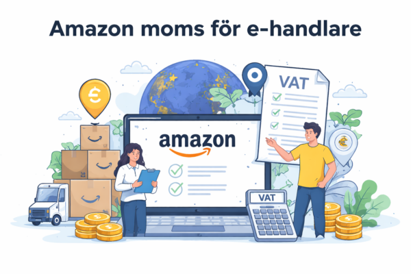 Illustration som visar Amazon-försäljning med moms, OSS och EU-lager för e-handlare