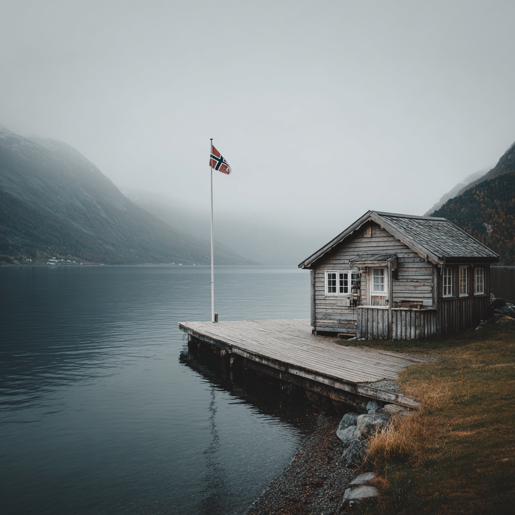 Norsk stuga vid en fjord med norsk flagga hissad.