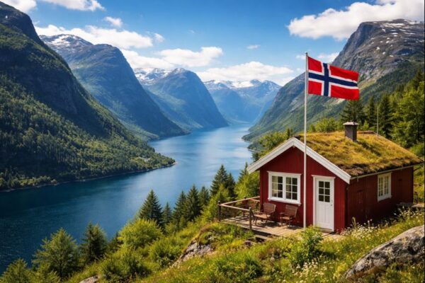 Norskt fjordlandskap med stuga och norsk flagga, använd som illustrativ bild för guide om norsk moms för svenska e-handlare.