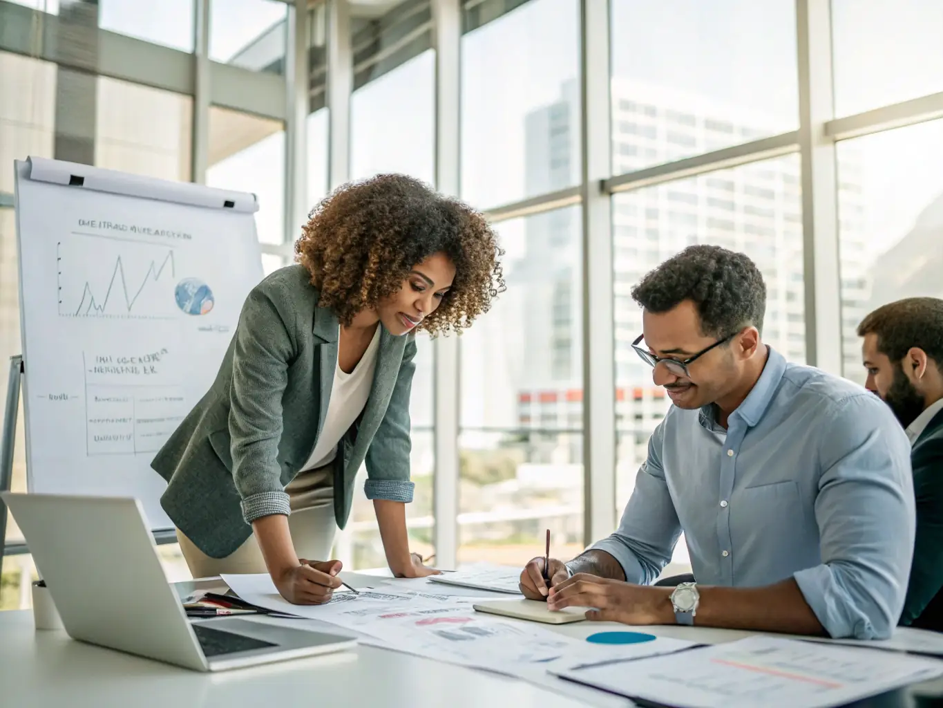 A brightly lit modern office space featuring three professionals collaborating around a computer screen, reviewing financial data and discussing strategies, symbolizing the collaborative partnership with VATxpress.