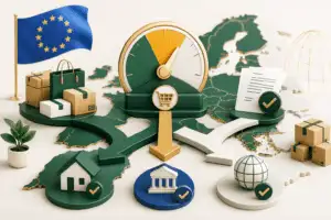 Illustration av EU:s 10 000-eurogräns och valet mellan OSS och lokal moms