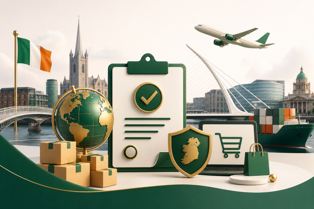 Illustration av momsregistrering, import och e-handel i Irland