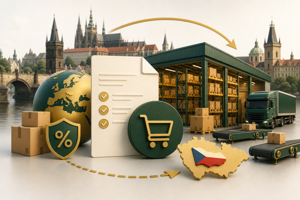 Illustration av momsregistrering, lager och e-handelslogistik i Tjeckien