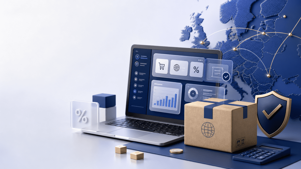 E-handelsplattform, paket och Europakarta som illustrerar Shopify och internationell moms.